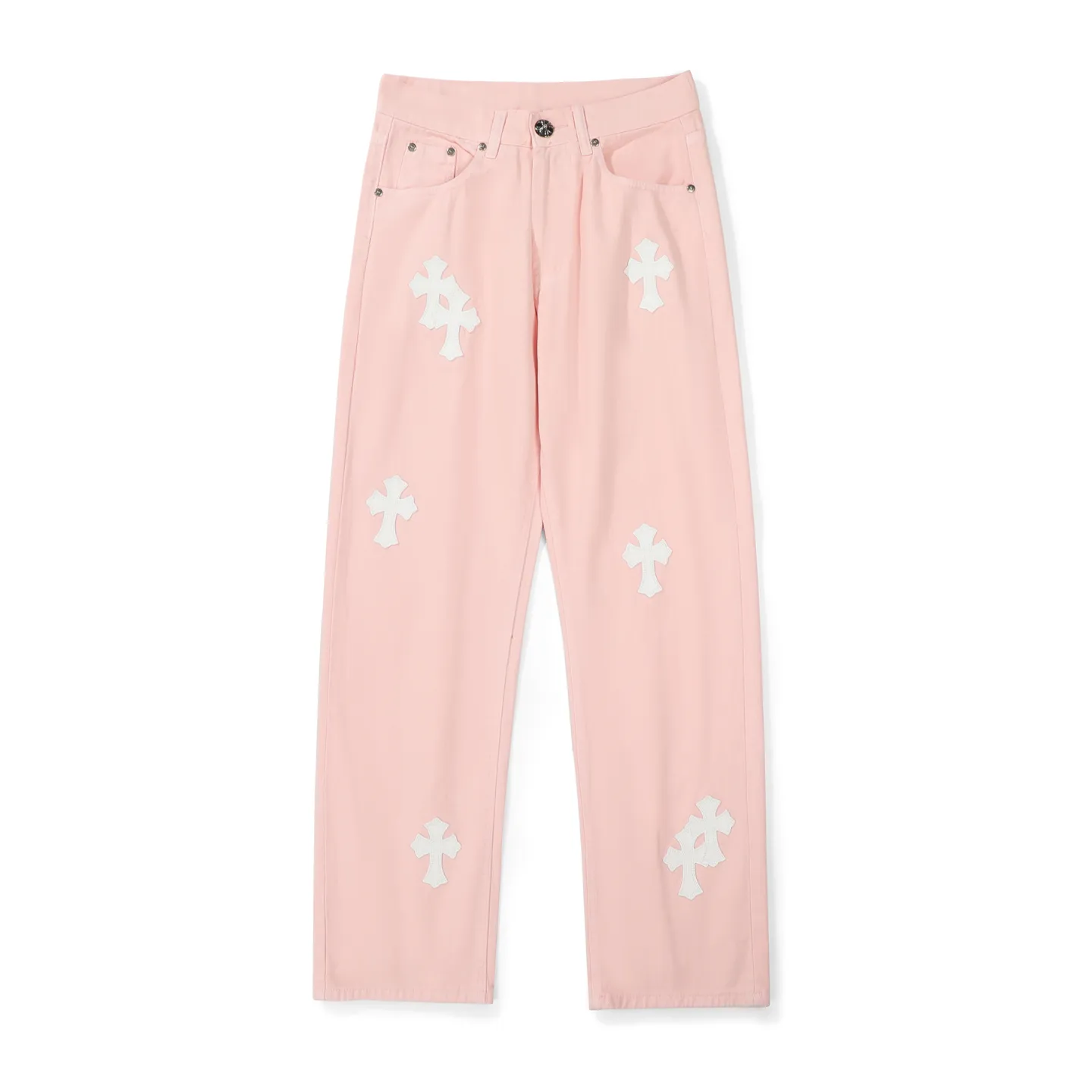 P260 Chrome hearts CH co-branded Drak Miami light pink jeans exude uninhibited personality and unique charm. Every wear and tear is carefully designed to present a unique artistic feel. Made of imported denim fabric, which has undergone heavy industrial washing and destruction treatment, the trousers show a super cool effect on the upper body, allowing you to dominate the fashion stage.  This is more than just a pair of jeans, it is an expression of attitude. With its unique design concept and ultimate pursuit of details, Croxin breaks traditional boundaries and defines the jeans trend in the new era. The trousers are made of double-layer woven fabric with customized hardware. Italian-made special cowhide is printed and cut. Custom-made sheepskin three-layer thick-line leather. The whole body is spliced ​​in heavy water washing. Craftsmen hand-splash ink. You can see the details. Three-dimensional cutting version. Loose and comfortable, not flattering. Makes taller and slimmer. Factory Seiko. Original quality control. Same style for men and women. Can be matched with couples. Versatile recommendation. Must-have jeans for all seasons. Color: light pink. Size: 28-30-32-34.